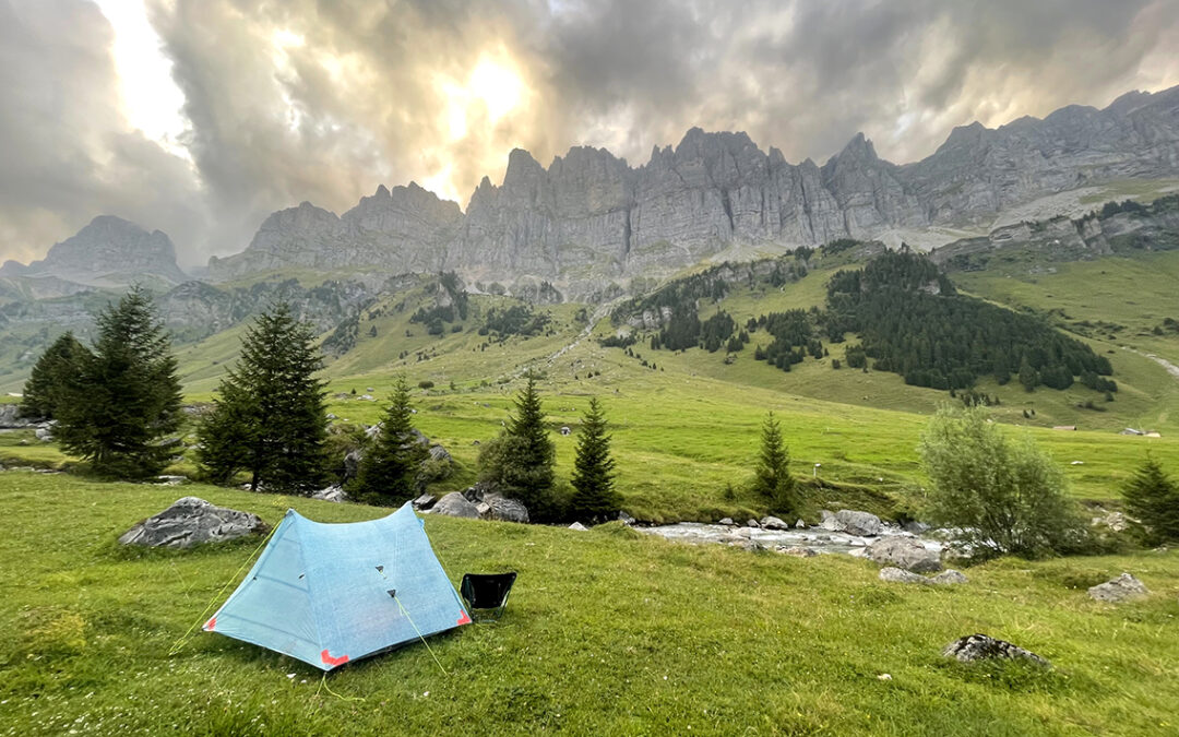 Bivouac at the Fätschbach river on the Via Alpina trail