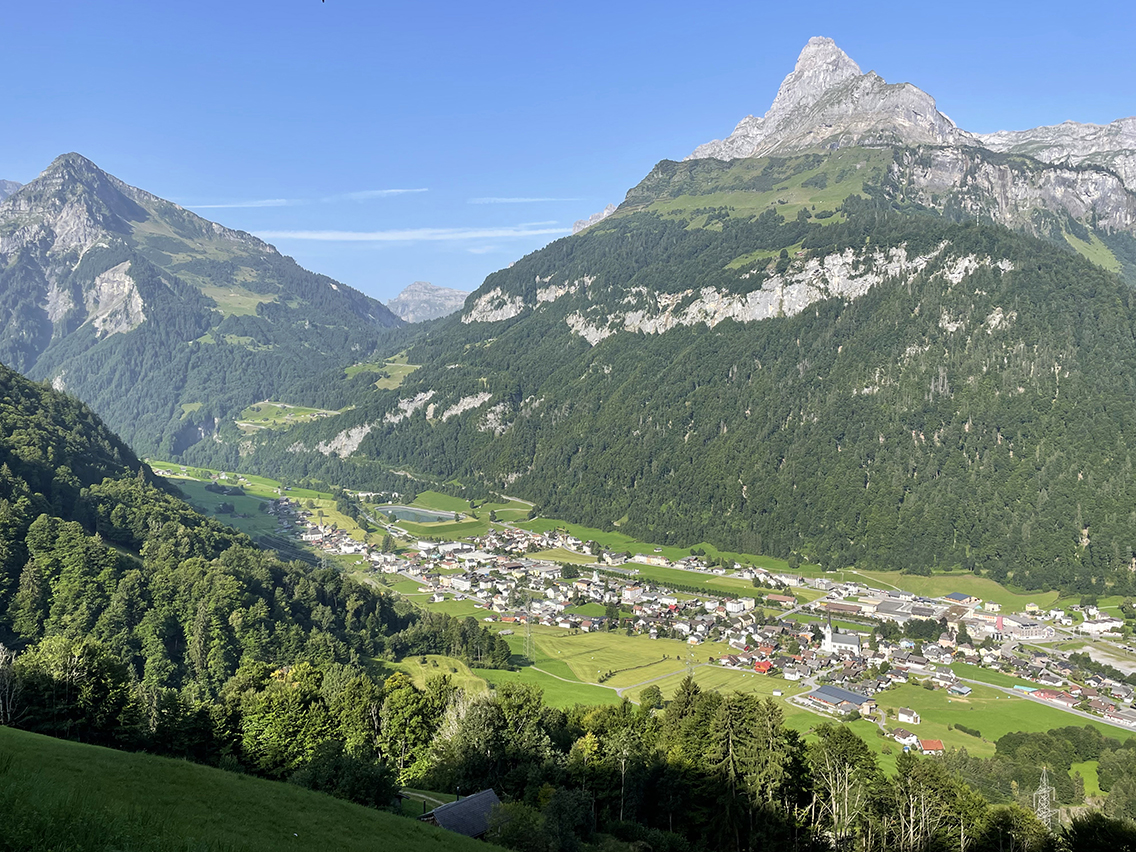 View of Linthal from the Swiss Via Alpina hiking trail